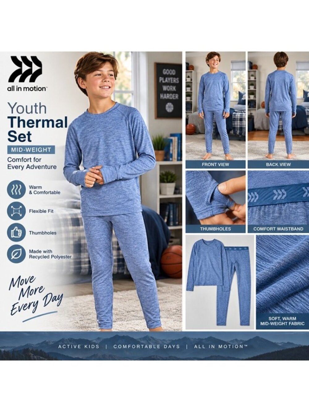 All in Motion Boys Thermal Underwear Set XL 14 Heather Blue Midweight NWT